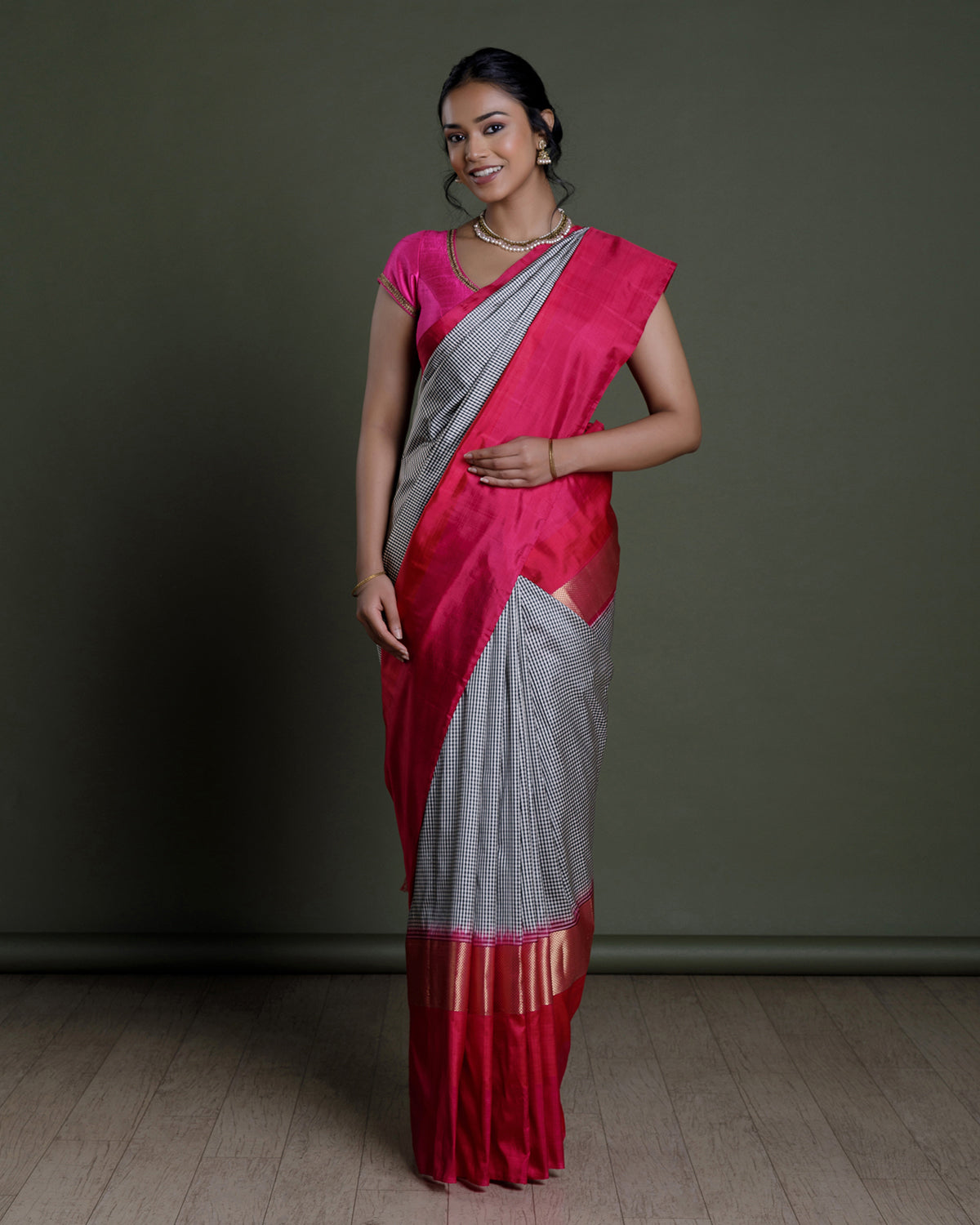 White and Black Ikkat Handloom Silk Saree
