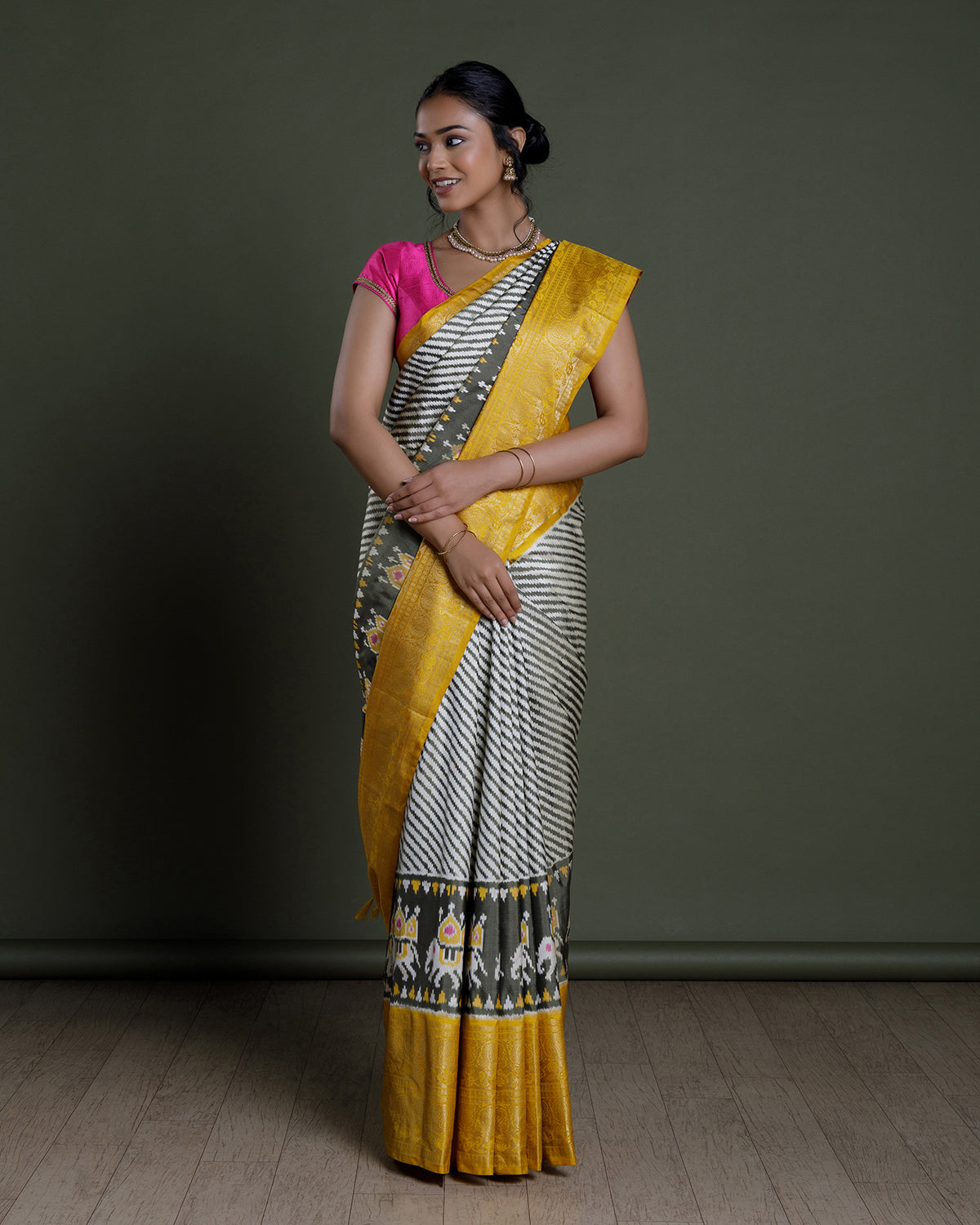 White Ikkat Handloom Silk Saree