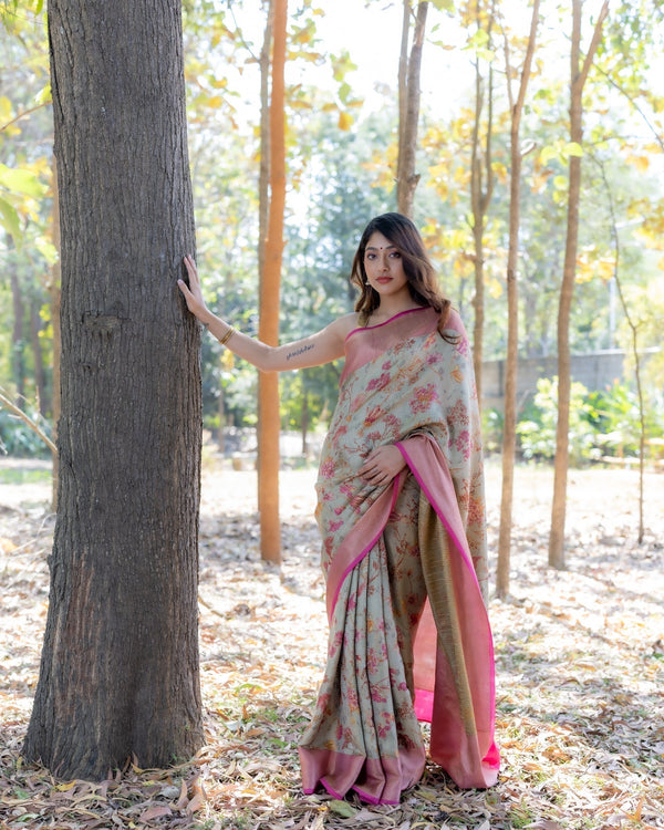 Beige Printed Silk Saree