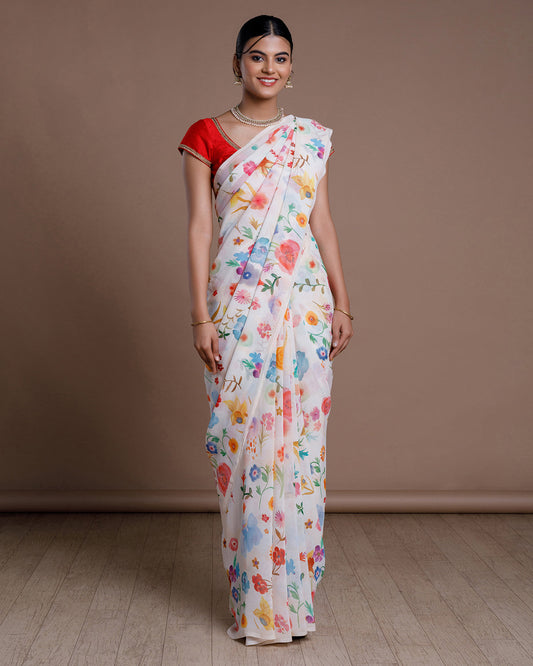 White Printed Chiffon Silk Saree