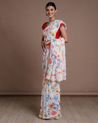 White Printed Chiffon Silk Saree