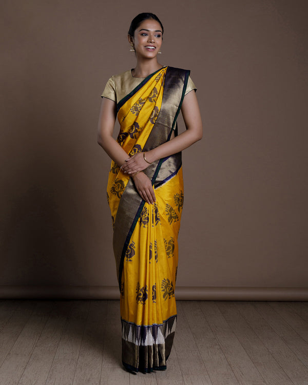 Yellow Ikkat Handloom Silk Saree