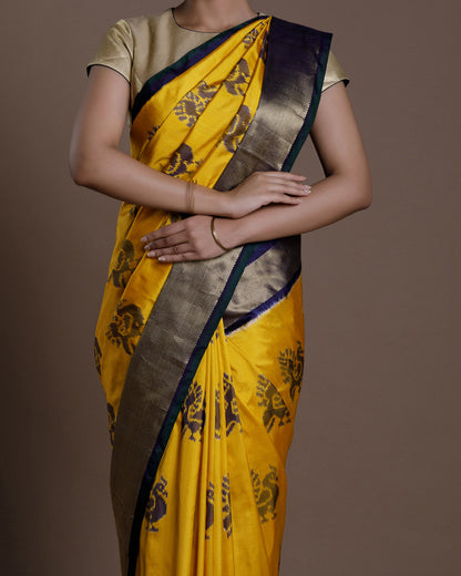 Yellow Ikkat Handloom Silk Saree