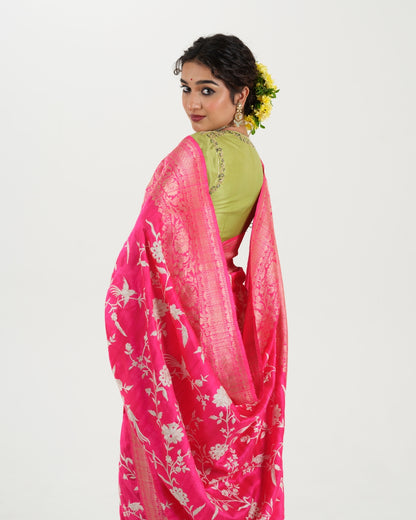 Bright Pink Tussar Silk Saree