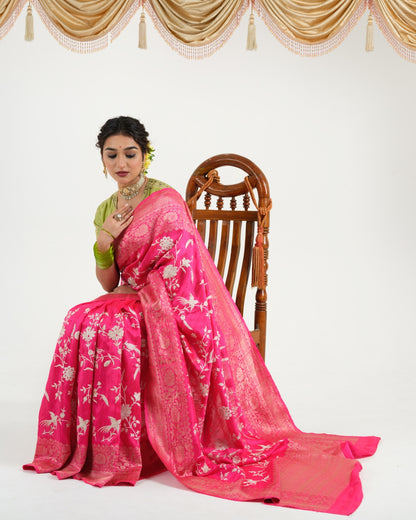 Bright Pink Tussar Silk Saree