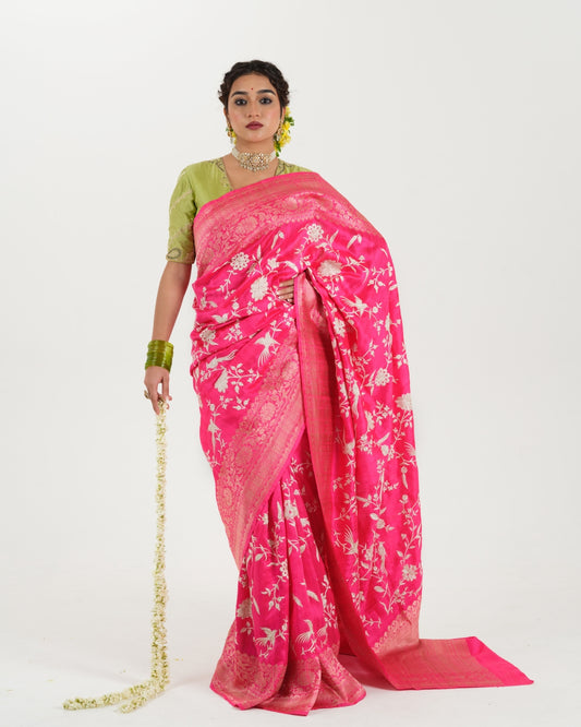 Bright Pink Tussar Silk Saree
