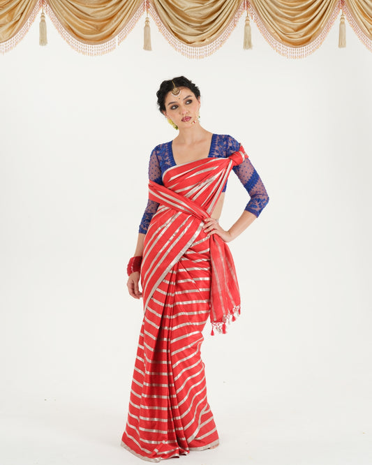 Vermillion Red satin silk Banarasi silk saree