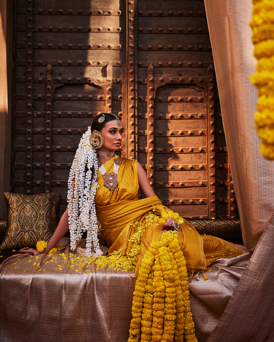 Yellow Banarasi silk Saree