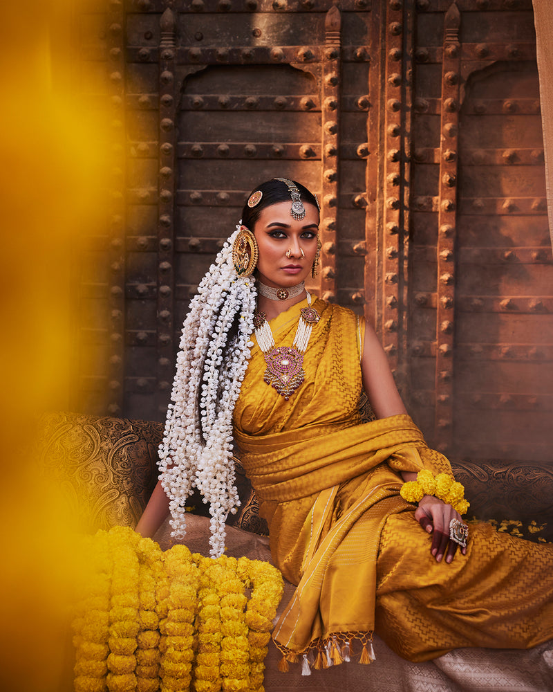 Yellow Banarasi silk Saree