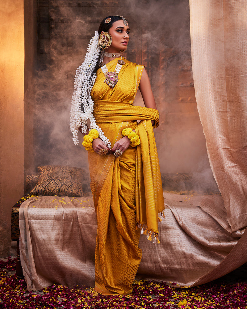 Yellow Banarasi silk Saree