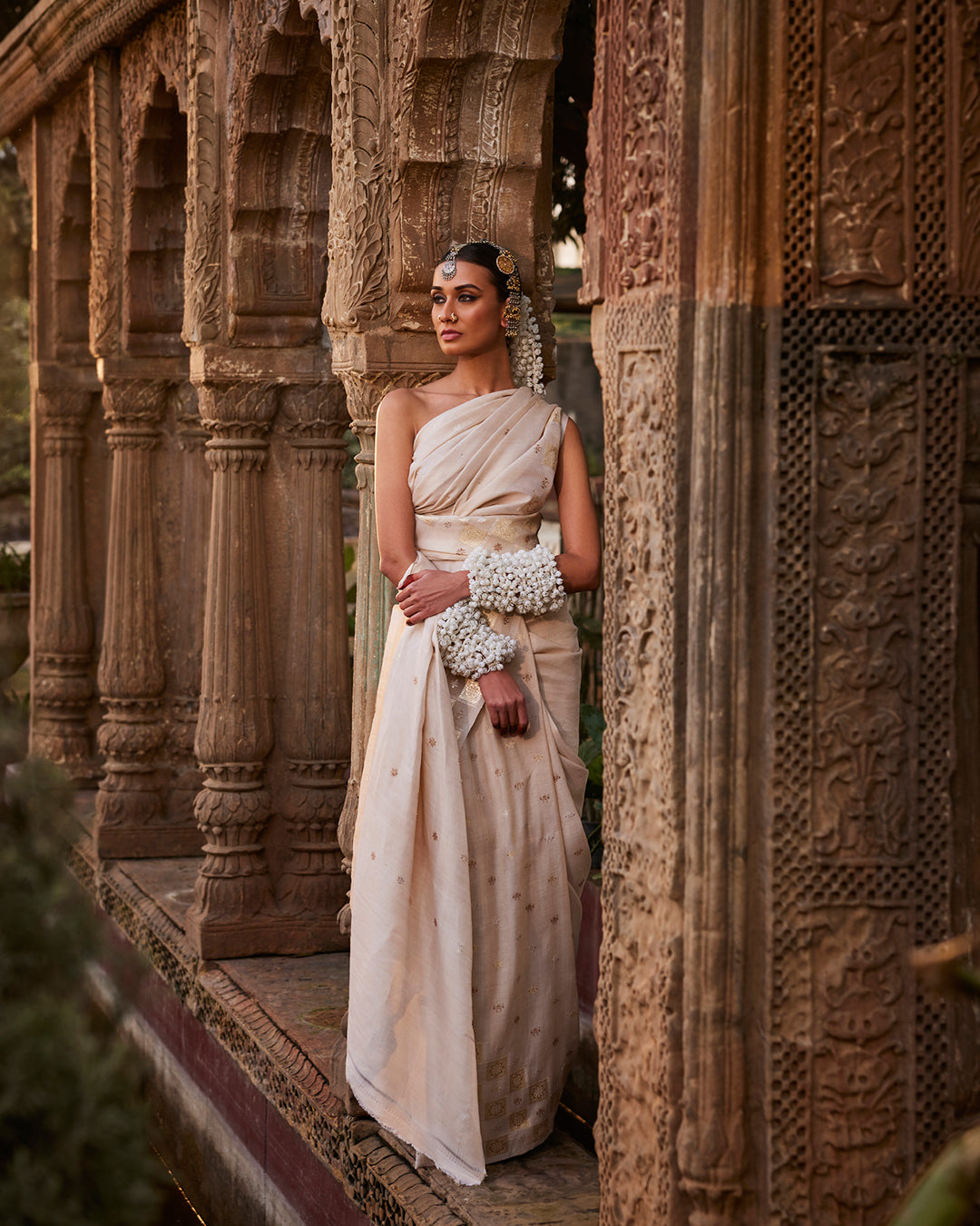 Beige Tussar Georgette Silk Saree