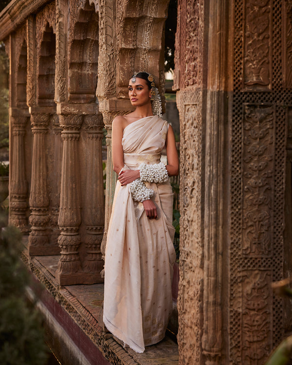 Beige Tussar Georgette Silk Saree