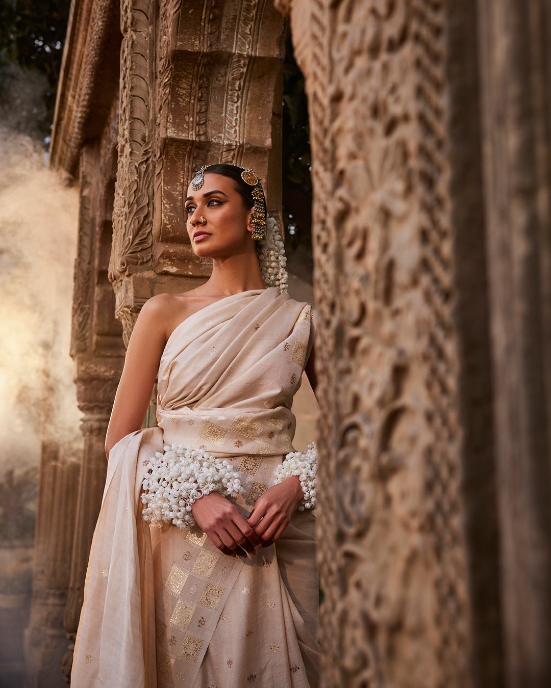 Beige Tussar Georgette Silk Saree