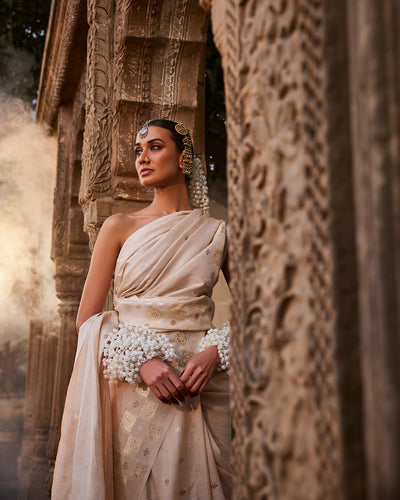 Beige Tussar Georgette Silk Saree