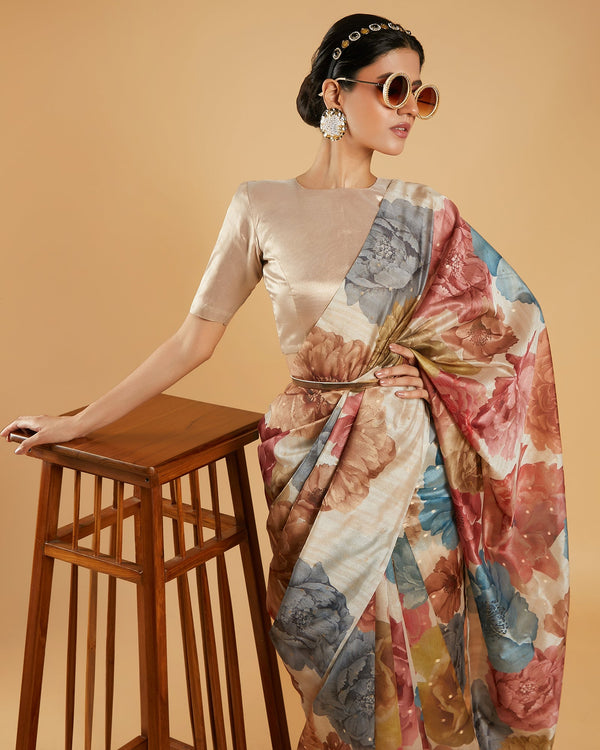 Beige Floral Printed Blended Tussar Silk Saree