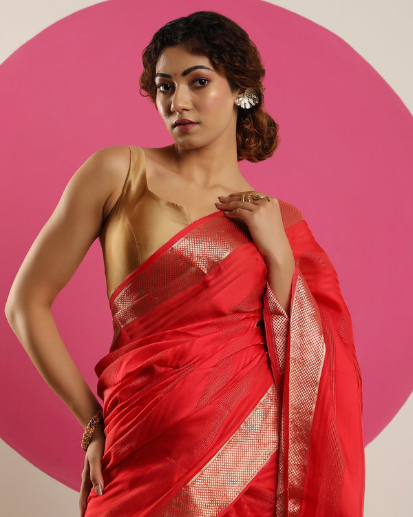 Red Striped Woven Blended Fancy  Organza Silk Saree