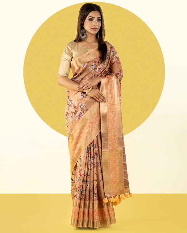 Mustard Yellow Floral Printed Blended Tussar Silk Saree