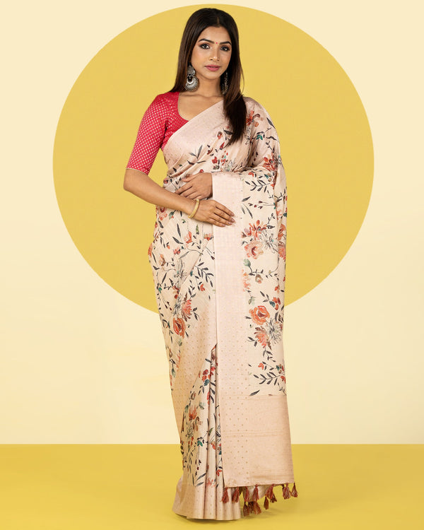 Cream Floral Printed Fancy Blended Tussar Saree