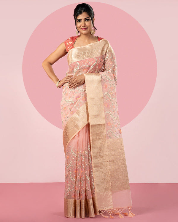 Peach Embroidered Fancy Blended Organza Silk Saree