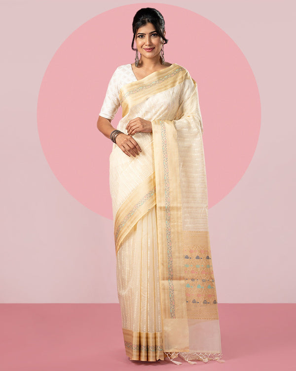 Cream Embroidered Blended Fancy Organza Silk Saree