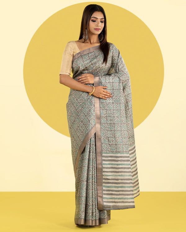 Grey & Green Printed Fancy Blended Tussar Saree
