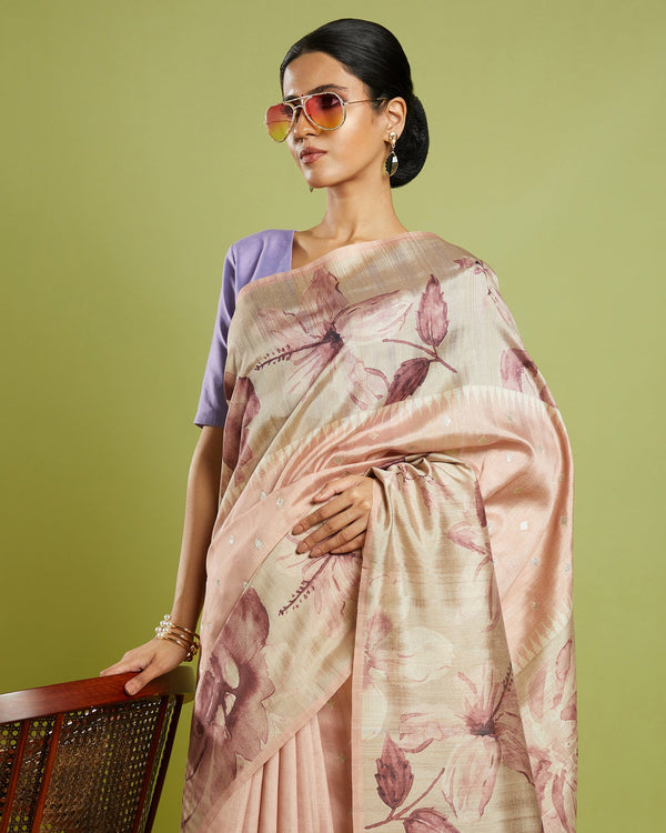 light pink saree Floral Blened Tussar Saree
