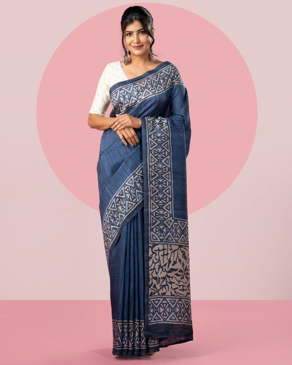 Blue Plain Woven Blended Tussar Silk Saree