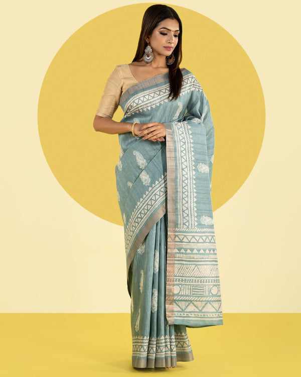 Blue Thread Embroidered  Fancy Blended Tussar Saree