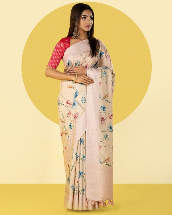 Light Pink Floral Printed Fancy Blended Tussar Saree