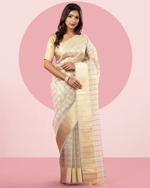 Checked Blended Kora Saree