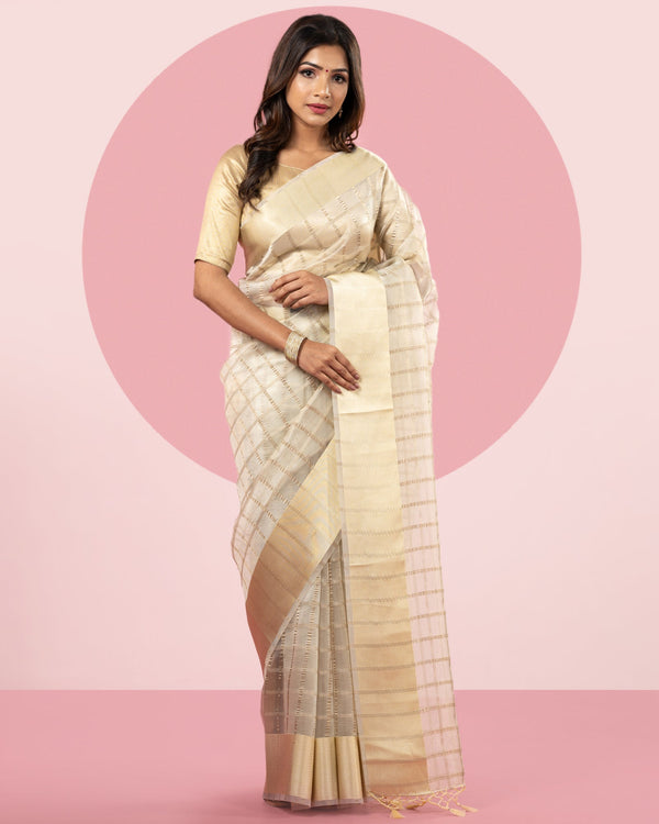 Checked Blended Kora Saree