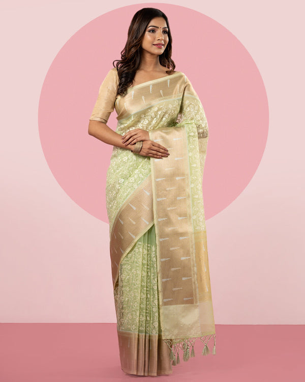 Lime Green Thread Emboidered Fancy Blended Organza Silk Saree