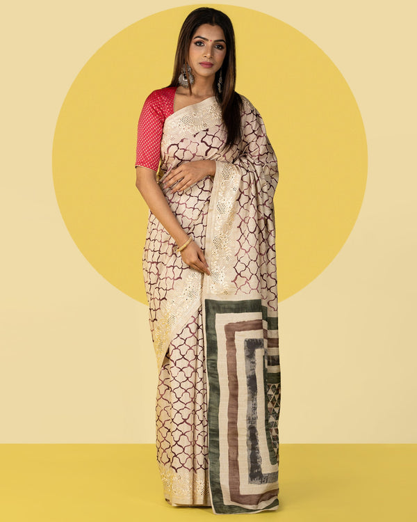 Beige Printed Embroidered Fancy Blended Tussar Saree