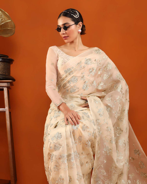 Beige Organza Silk Saree