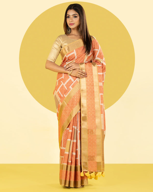Orange Printed Woven Border Fancy Blended Tussar saree