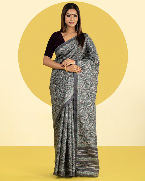 Grey Floral Printed Fancy Blended Tussar Saree