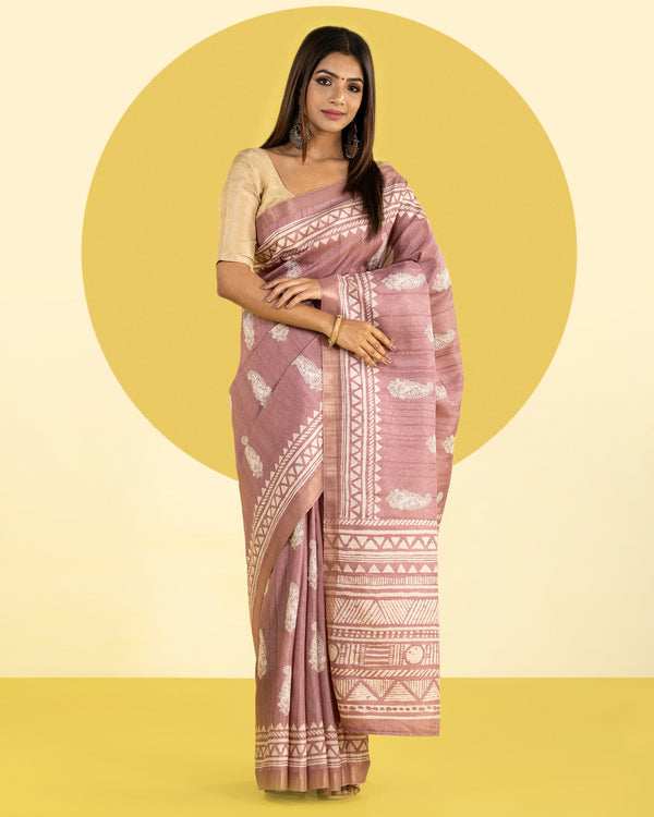 Wood Rose Thread Embroidered Blended Tussar Saree