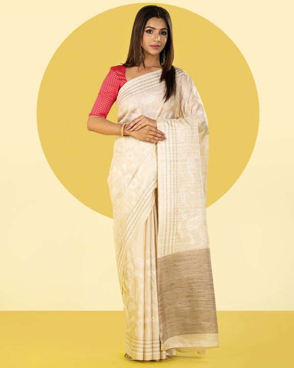 Beige Seqins Emboidered Fancy Blended Tussar Saree
