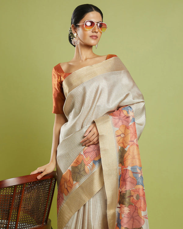 Beige Woven Checks Printed Blended Tussar Silk Saree