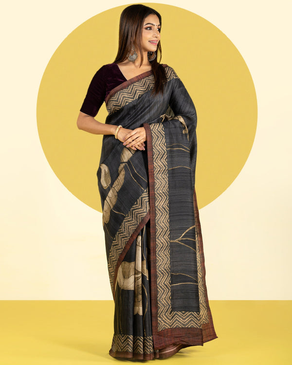 Black and Brown Printed Fancy Blended Tussar Saree
