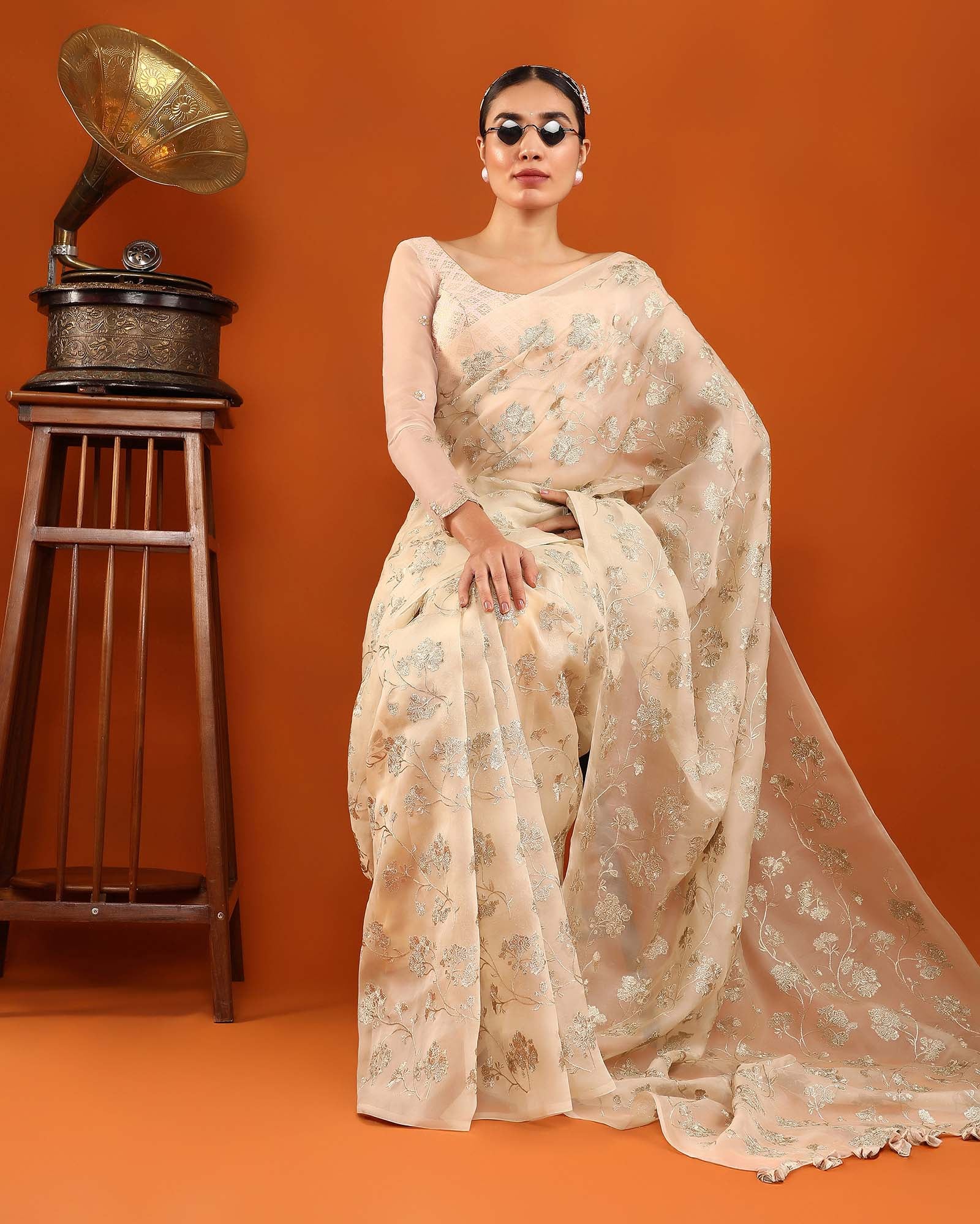 Beige Organza Silk Saree