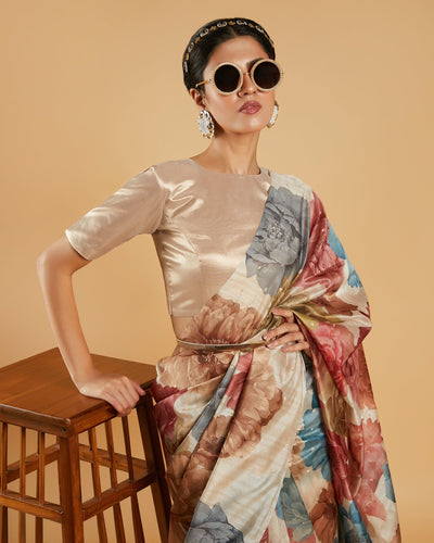 Beige Floral Printed Blended Tussar Silk Saree