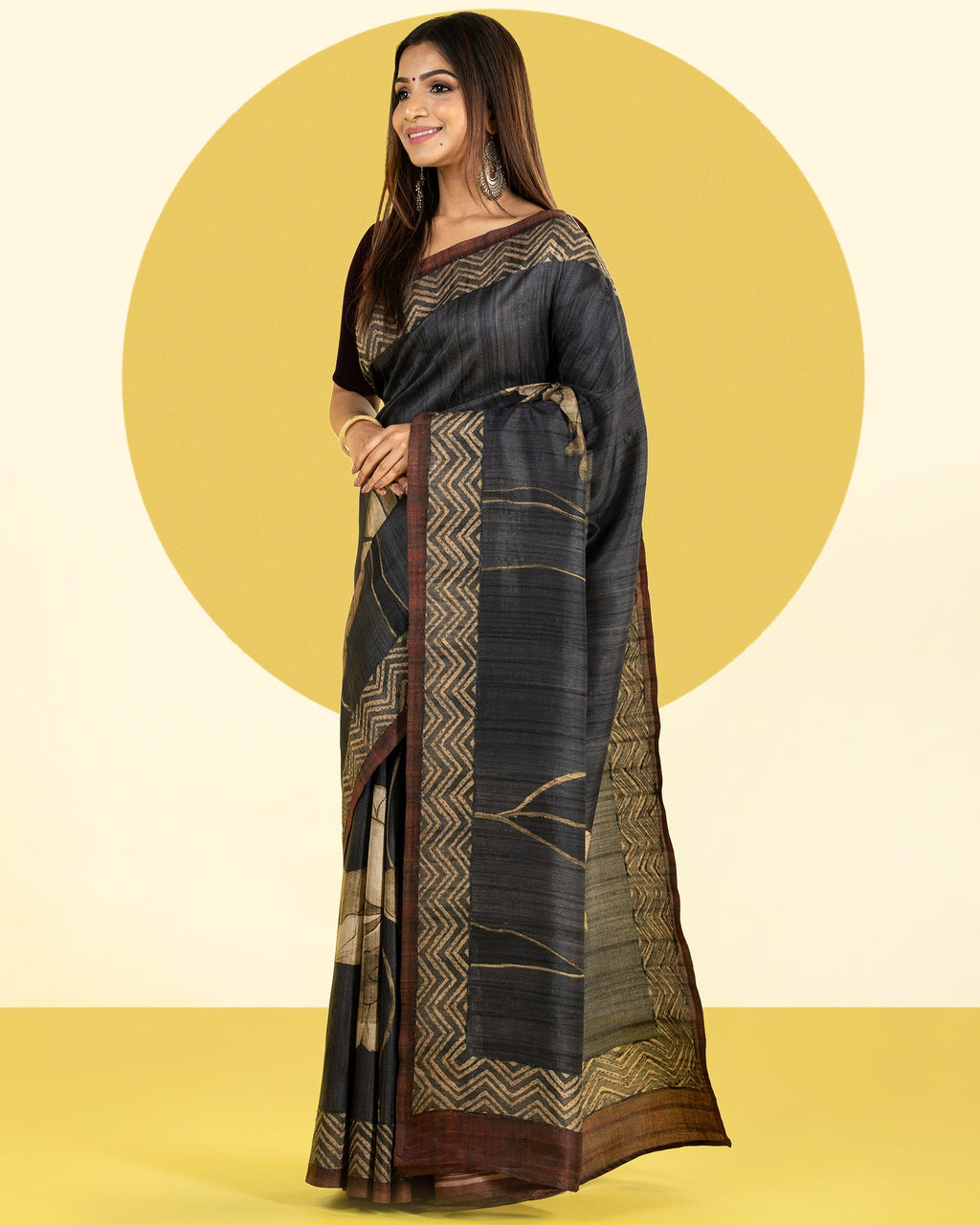 Black and Brown Printed Fancy Blended Tussar Saree