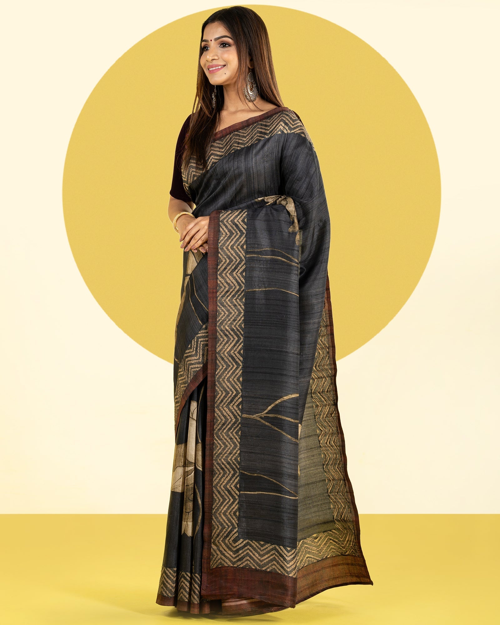 Black and Brown Printed Fancy Blended Tussar Saree