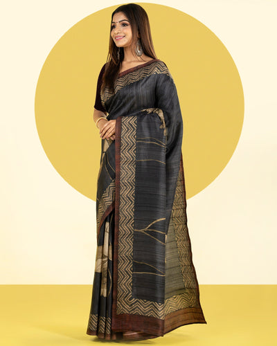Black and Brown Printed Fancy Blended Tussar Saree