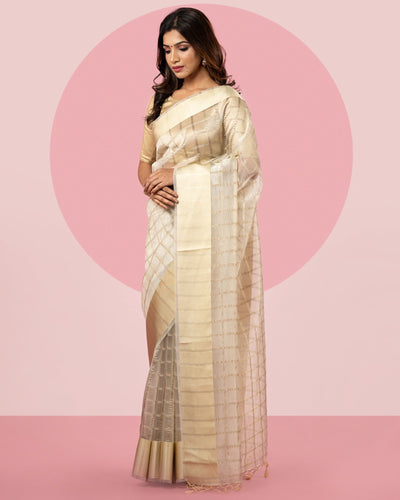 Checked Blended Kora Saree