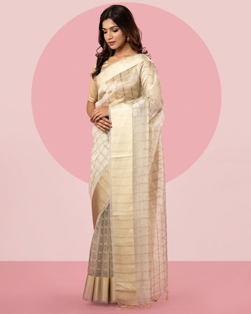 Checked Blended Kora Saree