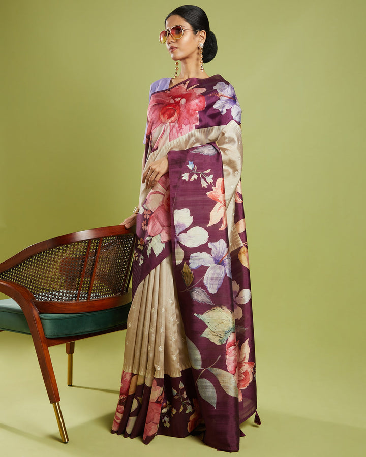 saree near me Blended Tussar Saree, Floral embroidered Saree


