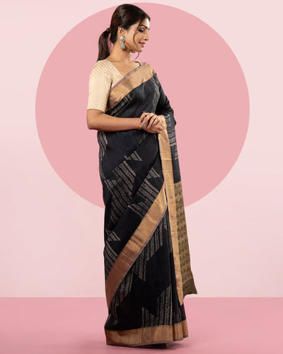 Black Abstract Printed  Blended Tussar Silk Saree