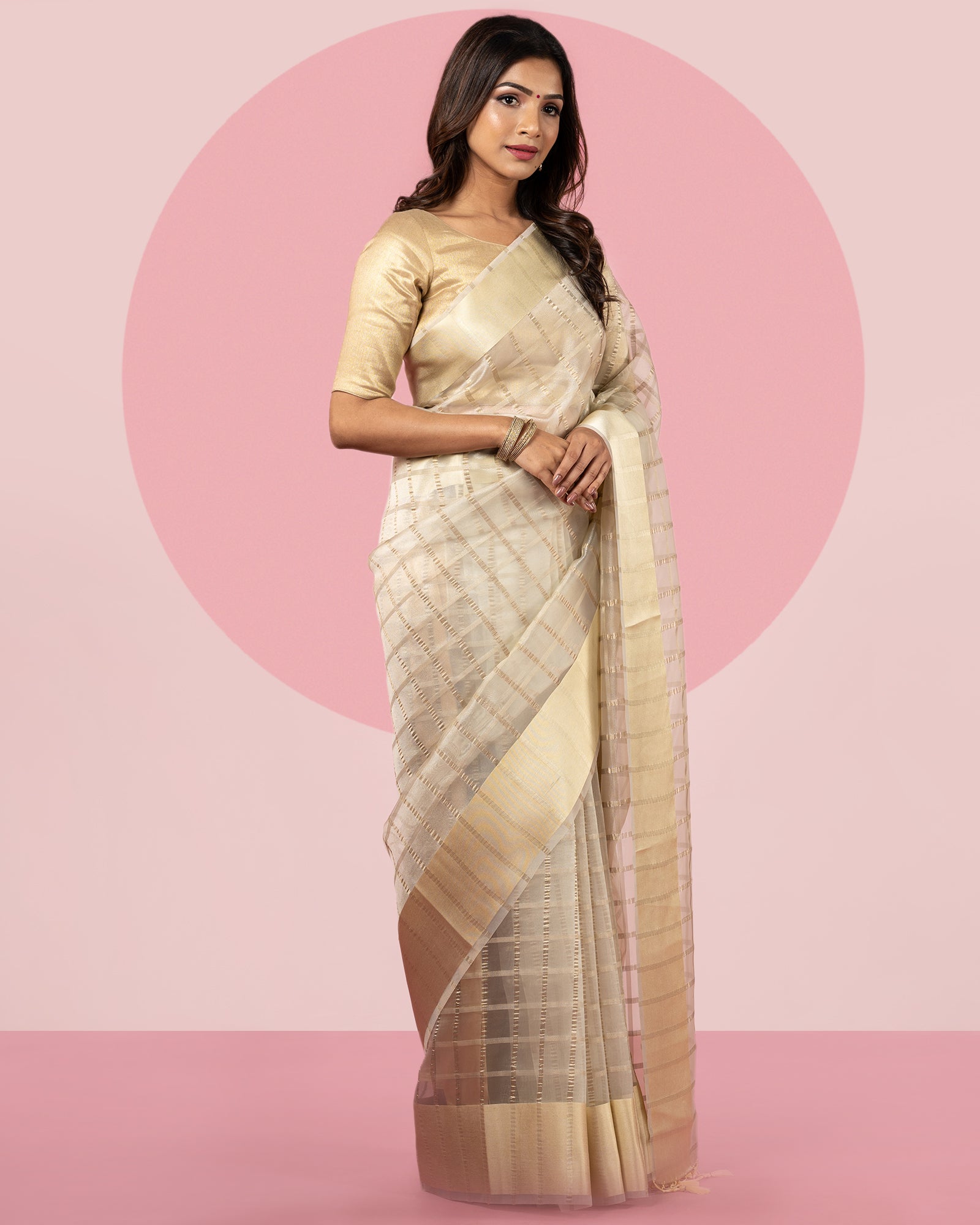 Checked Blended Kora Saree